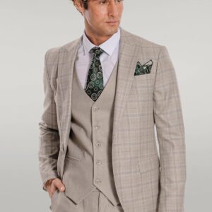 Checked Slim Fit Cream Men Suit - Wessi