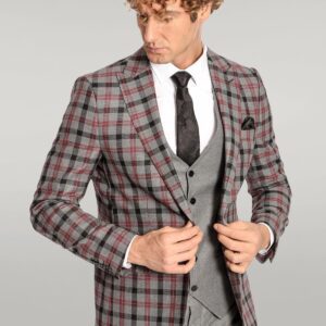 Checked Slim Fit Grey Men Suit - Wessi