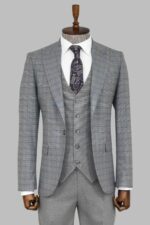 Checked Slim Fit Grey Men Suit