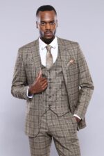 Checked Slim-Fit Light Brown Men Blazer