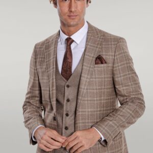 Checked Slim Fit Light Brown Men Suit - Wessi