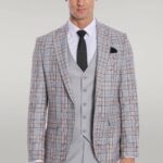 Checked Slim Fit Light Grey Men Suit - Wessi