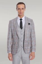 Checked Slim Fit Light Grey Men Suit