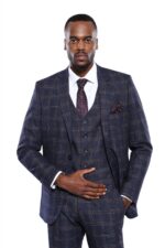 Checked Slim-Fit Navy Blue Men Blazer