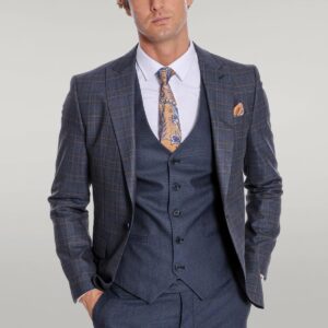 Checked Slim Fit Navy Blue Men Suit - Wessi