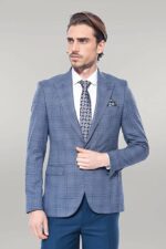 Checked Slim-Fit Single Button Blue Men Blazer