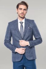 Checked Slim-Fit Single Button Navy Blue Men Blazer