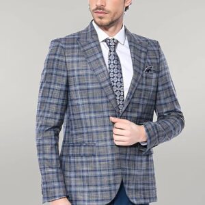 Checked Slim-Fit Single Button Navy Blue Men Blazer - Wessi