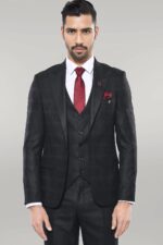 Checked Vested Black Suit
