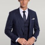 Checked Vested Slim Fit Navy Blue Men Suit - Wessi