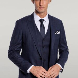 Checked Vested Slim Fit Navy Blue Men Suit - Wessi