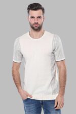 Circle Neck Patterned Cream Knitted T-Shirt