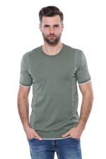 Circle Neck Patterned Green Knitted T-Shirt