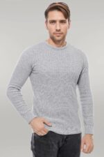 Circle Neck Patterned Light Grey Men Knitwear