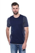 Circle Neck Patterned Navy Knitted T-Shirt