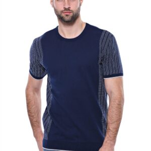 Circle Neck Patterned Navy Knitted T-Shirt - Wessi