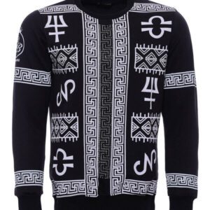 Circle Neck White Printed Over Black Sweatshirt  - Wessi