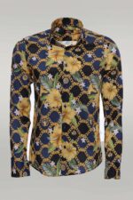 Colorful Floral Patterned Slim Fit Long Sleeves Navy Blue Men Shirt