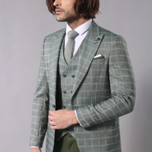 Combined Vested Green Plaid Men's Suit - Wessi