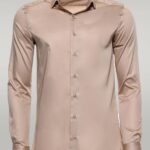 Cotton Satin Plain Long Sleeves Slim Fit Beige Men Shirt - Wessi