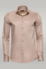 Cotton Satin Plain Long Sleeves Slim Fit Beige Men Shirt