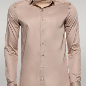 Cotton Satin Plain Long Sleeves Slim Fit Beige Men Shirt - Wessi