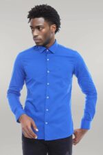 Cotton Satin Slim Fit Blue Men Shirt