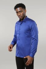 Cotton Satin Slim Fit Blue Men Shirt