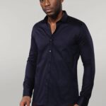 Cotton Satin Slim Fit Long Sleeves Plain Navy Blue Men Shirt - Wessi