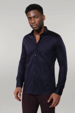 Cotton Satin Slim Fit Long Sleeves Plain Navy Blue Men Shirt