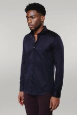 Cotton-Satin-Slim-Fit-Long-Sleeves-Plain-Navy-Blue-Men-Shirt-Wessi-2