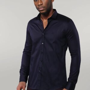 Cotton Satin Slim Fit Long Sleeves Plain Navy Blue Men Shirt - Wessi