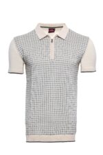 Cream Plaid Zippered Polo Knitted T-Shirt