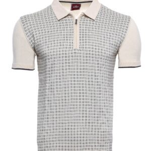 Cream Plaid Zippered Polo Knitted T-Shirt | Wessi