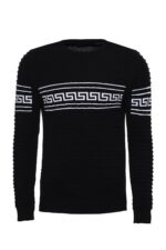 Crew Neck Knitwear Chest Patterned Over Black