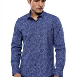 Damask Pattern Long Sleeves Men Blue Shirt - Wessi
