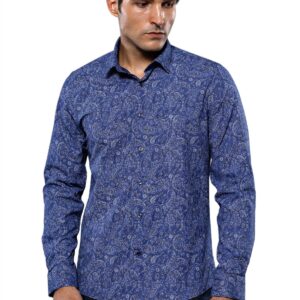 Damask Pattern Long Sleeves Men Blue Shirt - Wessi