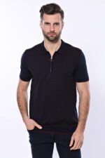 Dark-Blue-Plaid-Zippered-Knitted-Polo-T-Shirt-Wessi-1