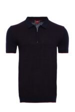 Dark Blue Plaid Zippered Knitted Polo T-Shirt
