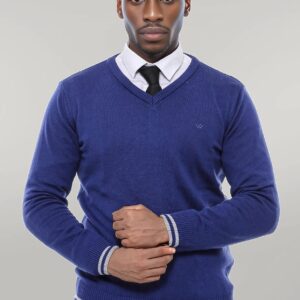 Dark Blue V Neck Slim Fit Sweater - Wessi