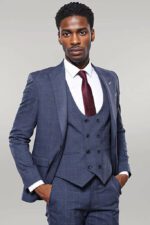 Dark Blue Vested Checked Men Suit