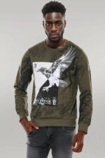 Dark Green Patterned Slim Fit Sweatshirt