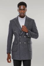 Dark Grey Metal Buttoned Double Breasted Long Coat