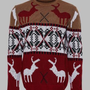 Deer Patterned Christmas Themed Turtleneck Red Beige Men Sweater - Wessi