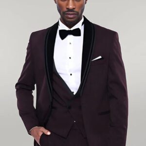 Detachable Velvet Lapel Burgundy Tuxedo - Wessi
