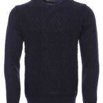 Diamond Pattern Circle Neck Navy Sweater - Wessi