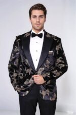 Dot Floral Patterned Velvet Black Men Stage Tuxedo Blazer