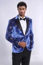 Dot Patterned Peak Lapel Blue Men Singer Performance Blazer