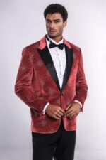 Dot Patterned Peak Lapel Burgundy Men Singer Tuxedo Blazer