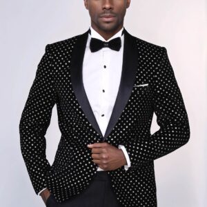 Dot Patterned Slim Fit Black Men Evening Dinner Blazer - Wessi